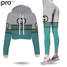 Contact us: contact@profxnz.com if you need assistance - Product information: Gucci grey light blue luxury brand clothes leggings and crop top set for womenEach pair of leggings is constructed with 82% polyester, 18% spandex blend.Each all-over printed hoodie is constructed from a premium polyester blend that is ultra-soft and incredibly comfortable.Premium fabric offers unmatched comfort and breathability while remaining strong and durable for everyday use.Features a specialty high definition h Blue Color Combinations, Cute Outfits With Leggings, Blue Luxury, Luxurious Fashion, Crop Top Set, Brand Clothes, Crop Top Hoodie, Gucci Logo, Leggings Set