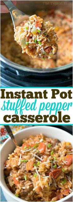 instant pot stuffed pepper casserole in a white bowl with a ladle scooping out