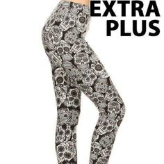 Extra Plus Size Small Grey Sugarskull Print Leggings On Black Background. Super Soft And Stretchy 92% Polyester 8% Spandex Blend With Elastic Waist. Fits Adults Sizes 24-32 Casual Skull Print Stretch Leggings, Casual Stretch Leggings With Skull Print, Casual Skull Print Leggings, Trendy Black Bottoms With Skull Print, Halloween Skull Print Black Leggings, Black Skull Print Leggings For Halloween, Fitted Black Leggings With Skull Print, Black Skull Print Bottoms For Fall, Apple Body Shape Outfits