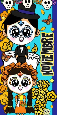 a poster with skulls on it and two people in top hats, one is holding a child