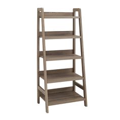 a wooden shelf with three shelves on each side