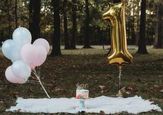 a table with balloons and a cake on it in the middle of a park area