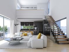 a living room filled with white furniture next to a stair case and glass door leading up to the second floor