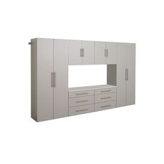 a large white cabinet with drawers and cupboards on it's sides, in front of a white background