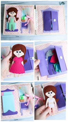 the instructions for making a doll house with felt and paper dolls are shown in four different stages