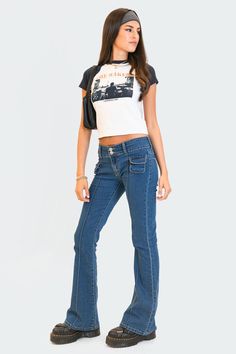 Low-Rise Jeans Stitch detailing Flap pockets Cotton, Polyester, Spandex Model wears size S Model height is 5'8 Item care: Wash with similar color Retro Flare Jeans, Jeans Stitch, Flame Socks, Swimwear Dress, Shirt Maker, Raglan Tee, Bellows, Low Rise Jeans, S Models