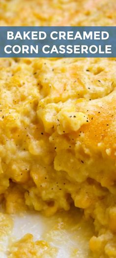 baked cremed corn casserole on a white plate with text overlay