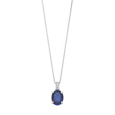 You're sure to love the simple elegance of this captivating, lab-created sapphire and diamond accent pendant. PENDANT DETAILSPendant size: 0.59"L x 0.35"WChain length: 18 in.Chain type: boxClasp: spring ringMetal: sterling silverPlating: rhodiumPackaging: boxedSTONE DETAILSStone type: lab-created sapphireTotal weight: 2 1/4 ct.Center stone size: 9 mm x 7 mmShape: ovalSetting: prongDIAMOND DETAILSTotal weight: less than 1/10 ct.Color grade: H-IClarity: I2-I3Shape: single cutSetting: prongGemstone Safire Necklace Simple, Delilah Briarwood, Oval Sapphire Pendant, I Trust God, Wedding Fairytale, Light Blue Sapphire, Oval Pendant Necklace, Sapphire Necklace Pendants, Blue Sapphire Necklace