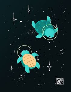 two sea turtles floating in the air with stars around them on a dark night sky