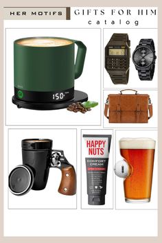 gifts for him and her with the words happy holidays written below them, including a coffee mug