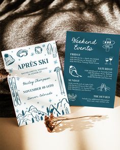 an advertisement for apres ski is displayed on a bed with a note attached to it