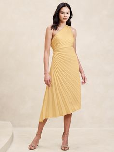 One-Shoulder Pleated Midi Dress | Banana Republic Factory Petite Wedding Guest Outfits, Cowl Back Dress, Petite Cocktail Dresses, Petite Wedding Guest Dresses, Dresses For Wedding Guests, Champagne Bridesmaid, Fitted Midi Dress, Dresses For Wedding, Tea Length Dresses