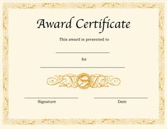 an award certificate is shown in gold and white with ornate designs on the border,