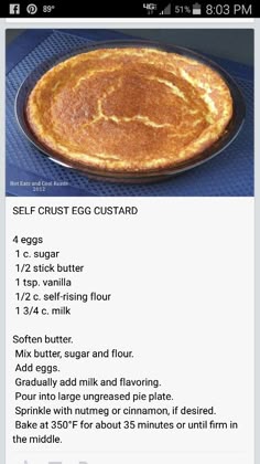 the recipe for an egg custard pie is shown on the phone screen, with instructions to make it