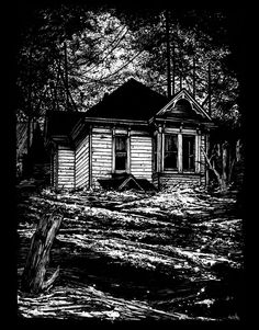 a black and white drawing of a house in the woods