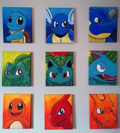 six square paintings of cartoon characters on a wall