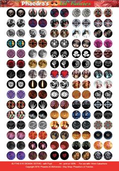 a poster with many different types of buttons and symbols on it's front cover