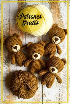 some brown teddy bears are next to a ball of yarn