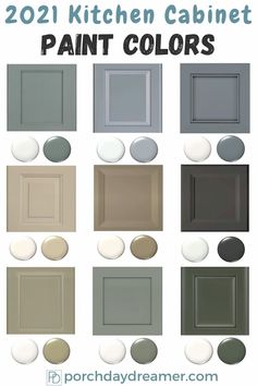 the different paint colors for kitchen cabinets are shown in this image with text overlay