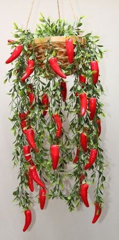 a hanging plant with red chili peppers and green leaves in the center, on a white wall