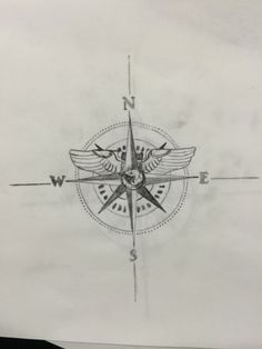 a drawing of a compass with two birds on the center and one bird in the middle