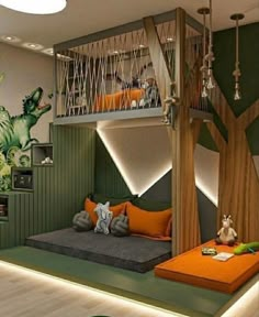 a bedroom with bunk beds and an animal themed wall mural on the wall behind it