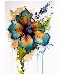 an abstract painting of a flower with watercolor paint splatters on the petals