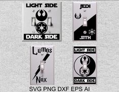 three light switch plates with star wars stickers on each one and the other side