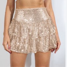 Gold Sequin Ruffle Skirt With Built In Shorts Size Medium New Without Tags Party Ruffled Skort, Flirty Skirted Skort For Party, Chic Ruffled Skort For Party, Spring Party Skort With Ruffles, Glamorous Ruffled Skirt For Night Out, Flirty Ruffled Party Bottoms, Tiered Skirt Skort For Party, Elegant Ruffled Skort For Party, Spring Party Ruffled Skort