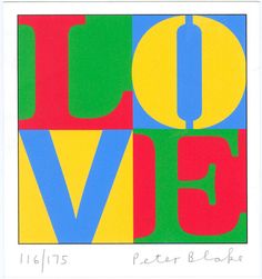 the words love are written in multicolored letters on a white background with blue, green, yellow and red