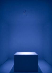 an empty room with blue lighting and a bird flying in the sky above it,