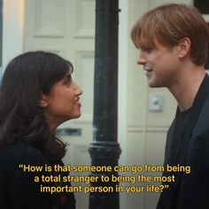 a man and woman standing next to each other near a street light with the caption how is that someone can go from being a total strangers to being the most important person in your life?