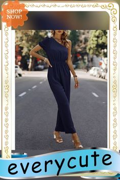 Navy Blue One Shoulder Short Sleeve Pocket Jumpsuit Blue One-shoulder Jumpsuits For Summer, Elegant One-shoulder Blue Jumpsuits And Rompers, Elegant Blue One-shoulder Jumpsuit, Chic Blue Short Sleeve Jumpsuits And Rompers, Chic Blue One-shoulder Jumpsuit, Chic Navy Jumpsuits And Rompers For Summer, Pocket Jumpsuit, One Shoulder, Shop Now