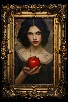 a painting of a woman holding an apple in front of a gold framed photo frame