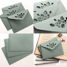 four different pictures of envelopes with cut outs and paper flowers on the front, one in