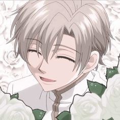 an anime character with long hair and braids in front of white roses, looking at the camera