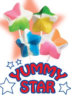 yummy star lollipops with stars in the background and text that reads, yummy star