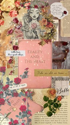 an altered collage with flowers and words on the page, which include images of women