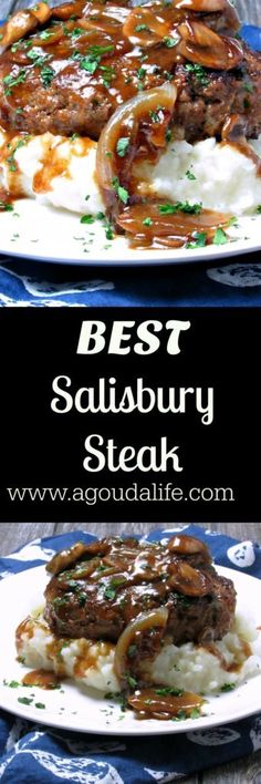 the best salisbury steak is served on mashed potatoes with gravy and onions