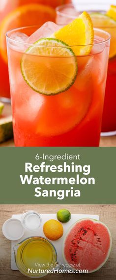 the refreshing watermelon sangria is served in glasses with lemons and lime