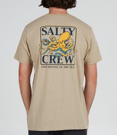 From Salty Crew&#x2C; this T-shirt features:Crew necklineShort sleevesSmall screen print logo on the left side of chestLarge square-shaped screen print with "Salty Crew" logo and an octopus graphic on the backPullover construction30 singles combed ringspun cottonMachine wash/tumble dryImported. Octopus Graphic, Tie Dye Socks, Women's Headwear, Crew Clothing, Mens Tee Shirts, Mens Bottom, Color Khaki, Print Logo, Screen Print