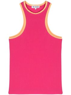 a pink tank top with yellow trims