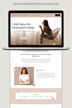 the website is displayed on two laptops, one with an image of a woman sitting in