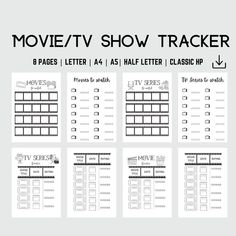 the movie tv show tracker is shown in black and white, with text on it