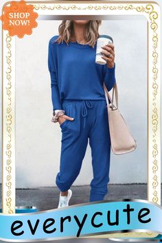 2 Peice Set Women Elegant Pants Sets Female Casual Outfits Jogger Casual Blue Sets With Elastic Waistband, Female Casual Outfits, Outfits Jogger, Elegant Pants, Elegant Pant, Set Women, Pants Set, Womens Bottoms, Casual Outfits