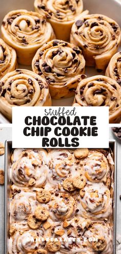 baked chocolate chip cookie rolls in a pan with the title text overlay above it