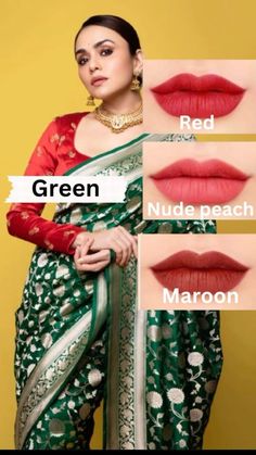 Lipstick Guide For Outfits, Green Saree Makeup Look, Makeup Combo, Makeup Life Hacks