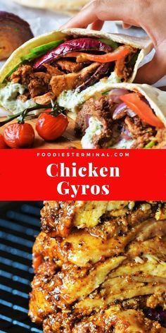 chicken gyros on the grill with text overlay