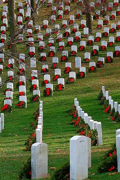 many headstones and wreaths are in the grass near trees with red flowers on them