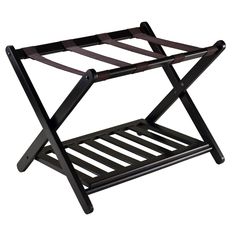 The Reese luggage rack is a great addition to your daily living as it offers a convenient place for unwinding from your daily routine. Ideal for the guest room, allowing your house guest to feel welcome with a place to set their bags or luggage and unpack. Help guests feel welcome and keep tidy as this luggage rack helps keep the luggage off the bed and floor. A clean design that will blend well with most decors. Made of solid wood in a sleek espresso finish with four thick, brown nylon straps. Luggage Racks, Slatted Shelves, Wood Rack, Luggage Rack, Tiny Apartment, Closet Organizers, Woodworking Bench, Rack Shelf, Overnight Guests